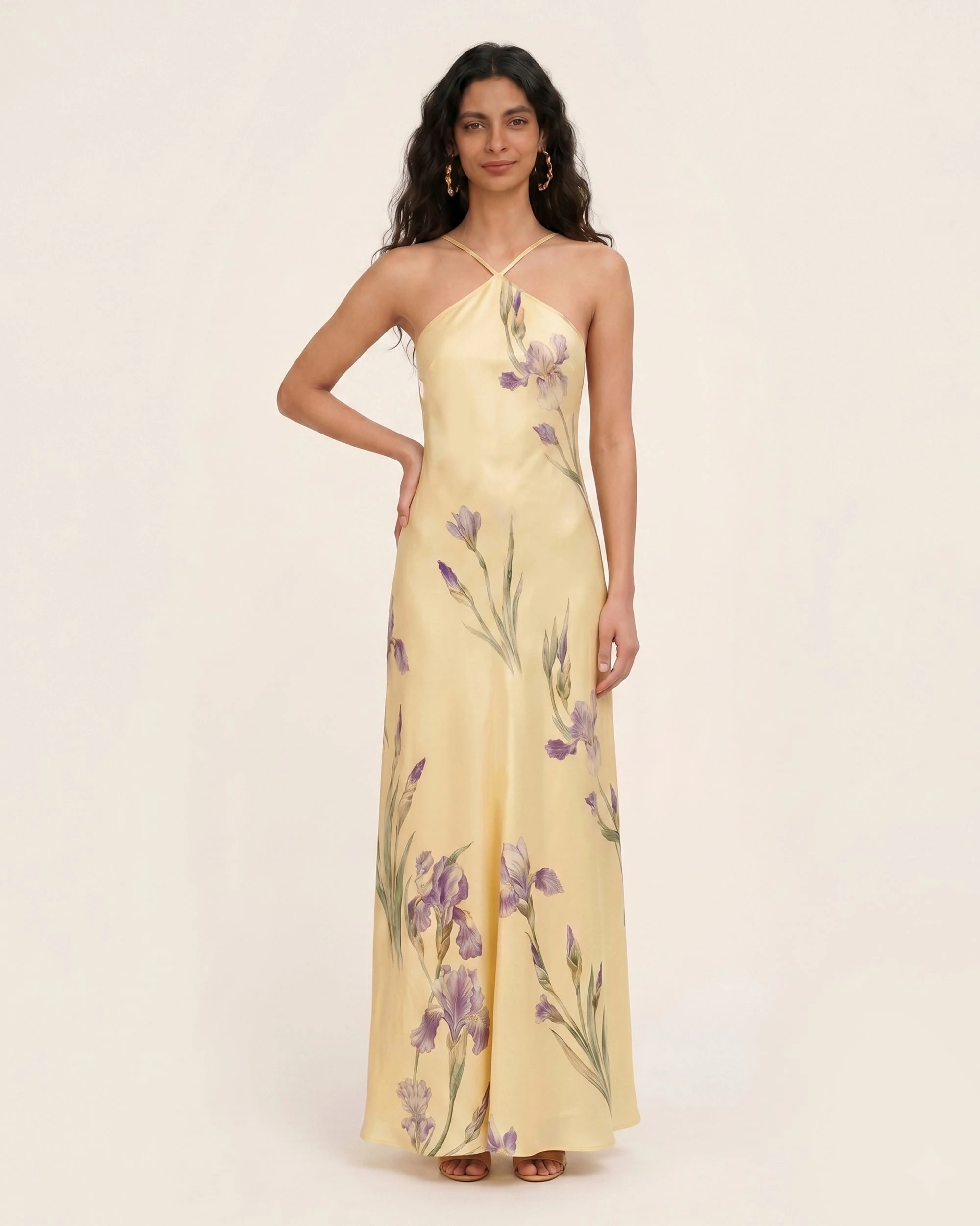 JW PEI maxi dress | Los Angeles Vegan Fashion Dresses | Luxury Shoes JW PEI Iris Print Cross-Halter Open-Back Maxi Dress