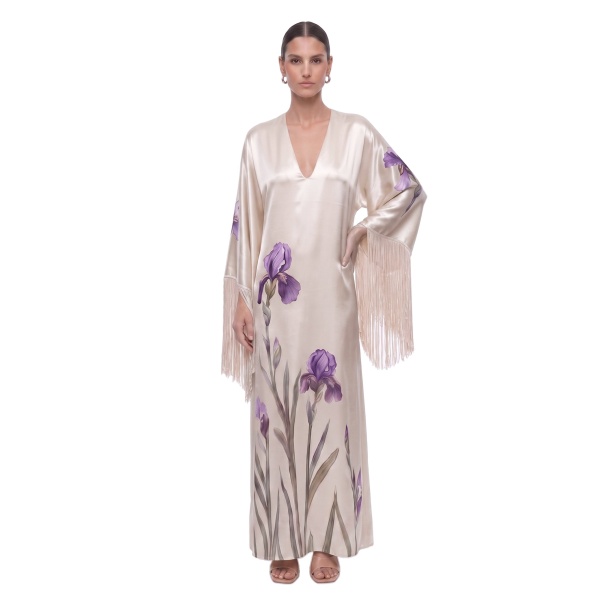 JW PEI Iris Print Fringe Sleeve V-Neck Maxi Dress