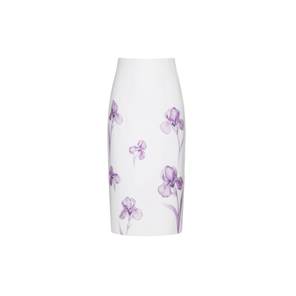 Iris Print High-Waisted Pencil Midi Skirt in White/Purple