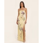 JW PEI Iris Print Strapless Satin Slit Maxi Dress
