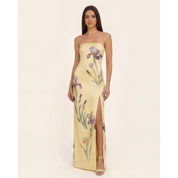 JW PEI Iris Print Strapless Satin Slit Maxi Dress