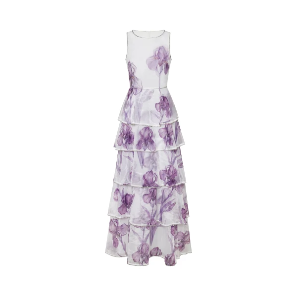 JW PEI Jeweled-Trim Tiered Iris Print Organza Maxi Dress