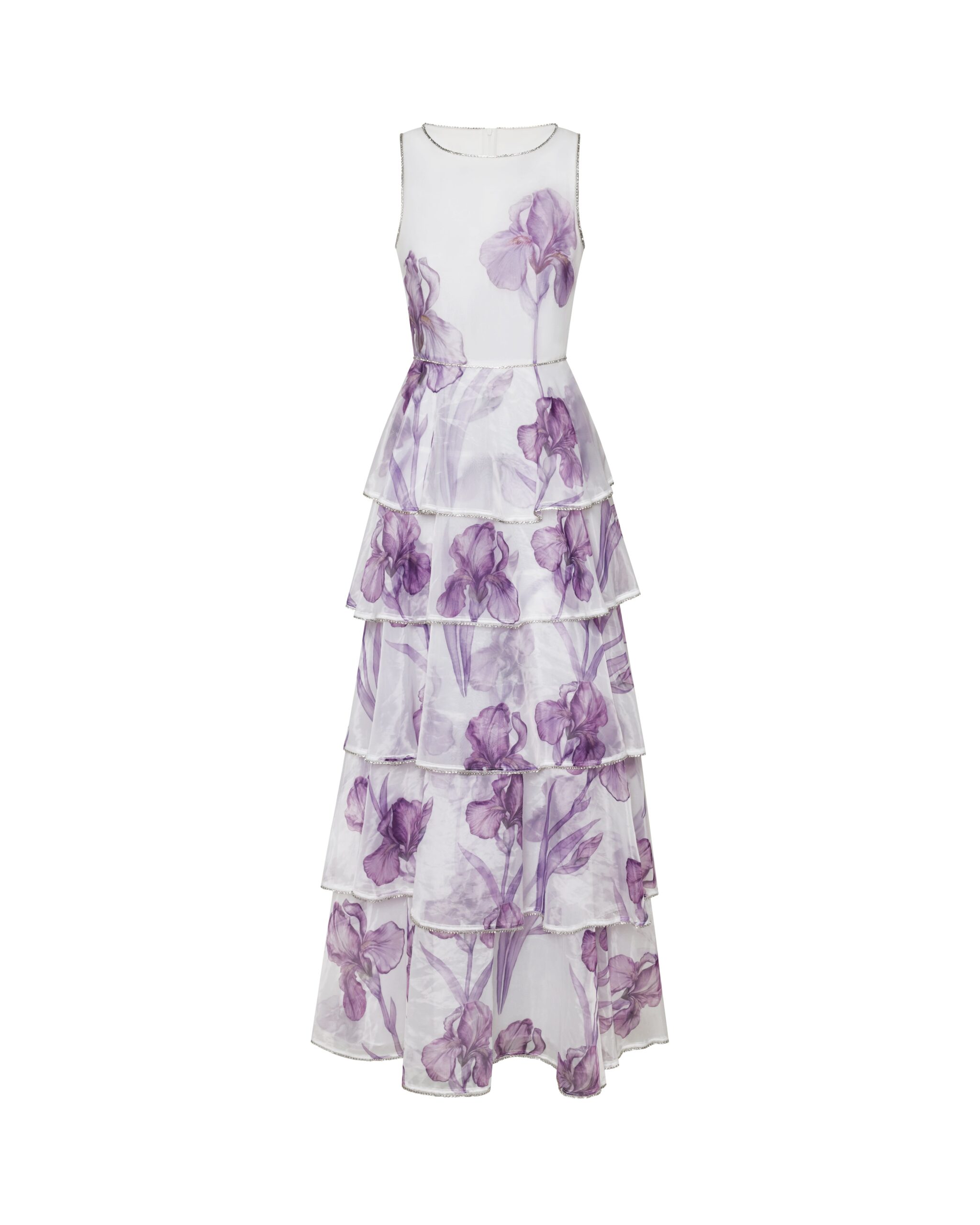 JW PEI maxi dress | Los Angeles Vegan Fashion Dresses | Luxury Shoes JW PEI Jeweled-Trim Tiered Iris Print Organza Maxi Dress