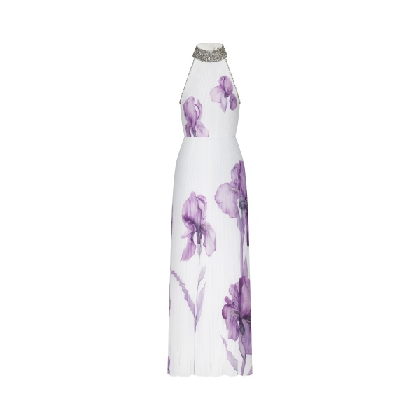 JW PEI Jeweled-neck Halter Pleated Iris Print Maxi Dress