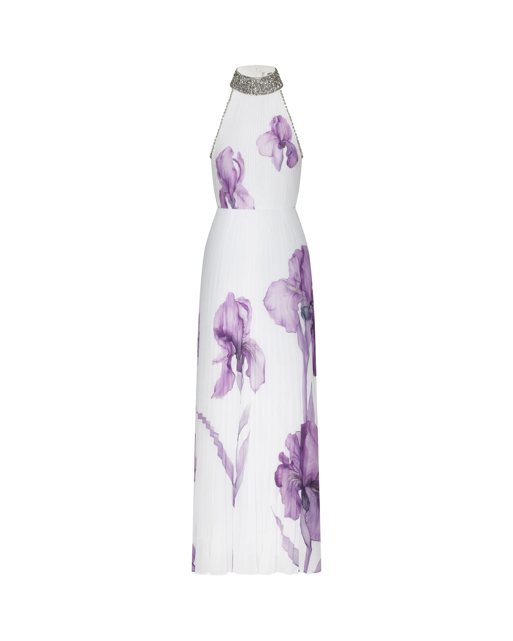 JW PEI maxi dress | Los Angeles Vegan Fashion Dresses | Luxury Shoes JW PEI Jeweled-neck Halter Pleated Iris Print Maxi Dress