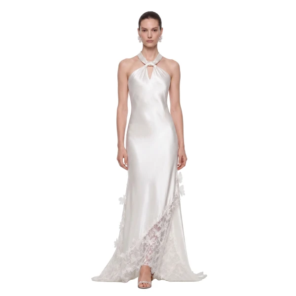 JW PEI Lace Panel Halter Satin Maxi Dress