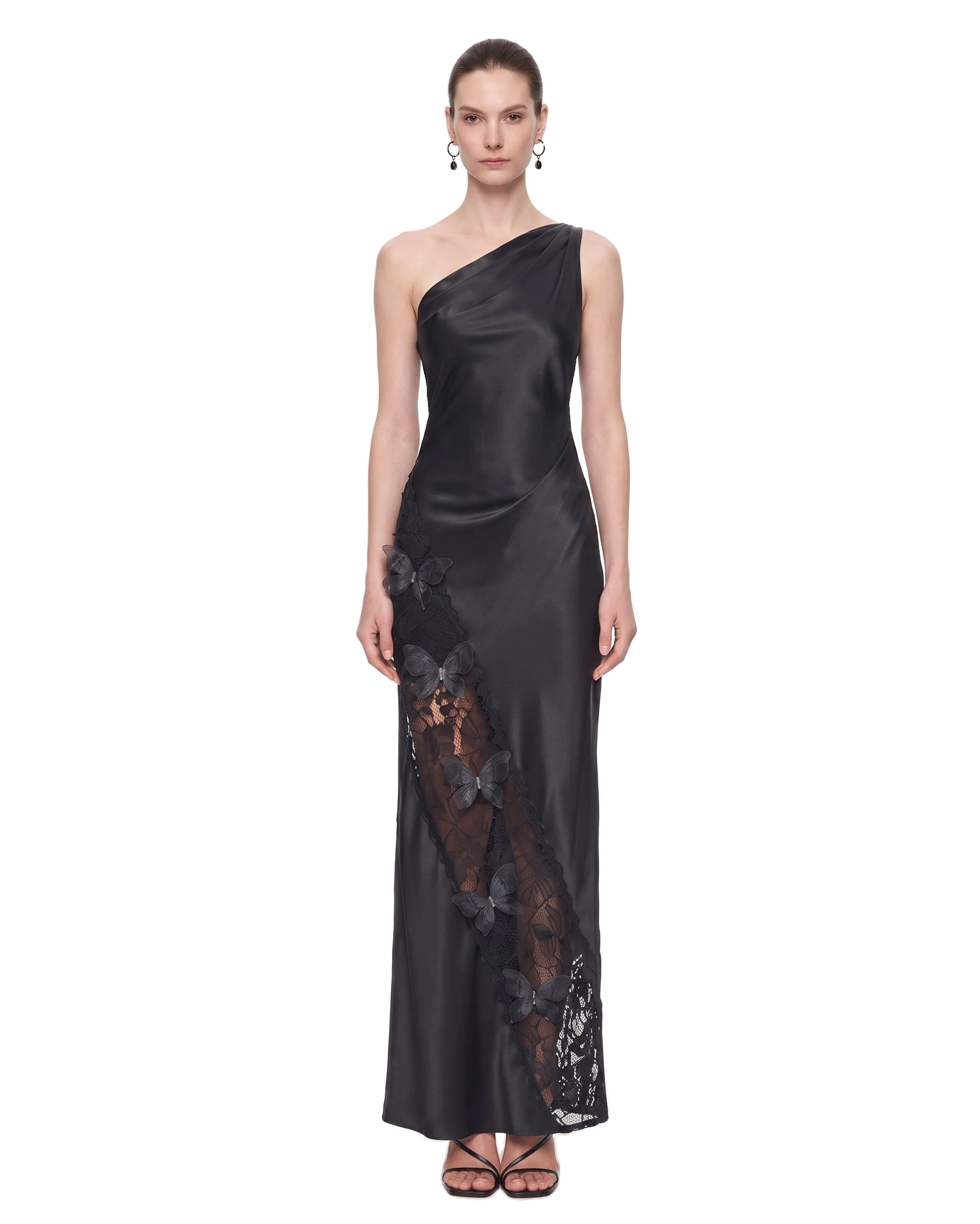 JW PEI maxi dress | Los Angeles Vegan Fashion Dresses | Luxury Shoes JW PEI Lace Panel One-Shoulder Satin Maxi Dress