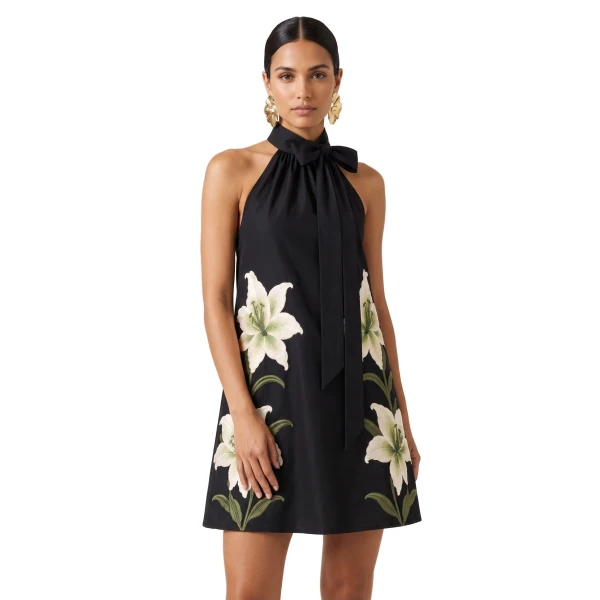 JW PEI Lily Embroidered Bow Halter Mini Dress