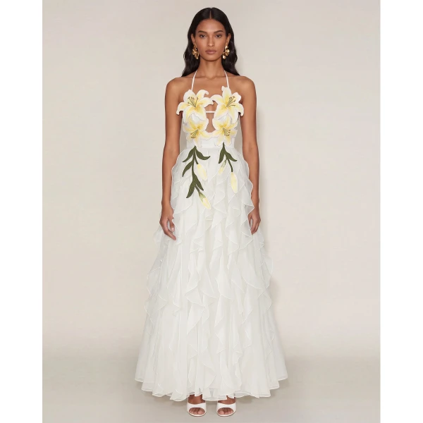 JW PEI Lily-Embroidered Embroidered Halter Tiered Maxi Dress