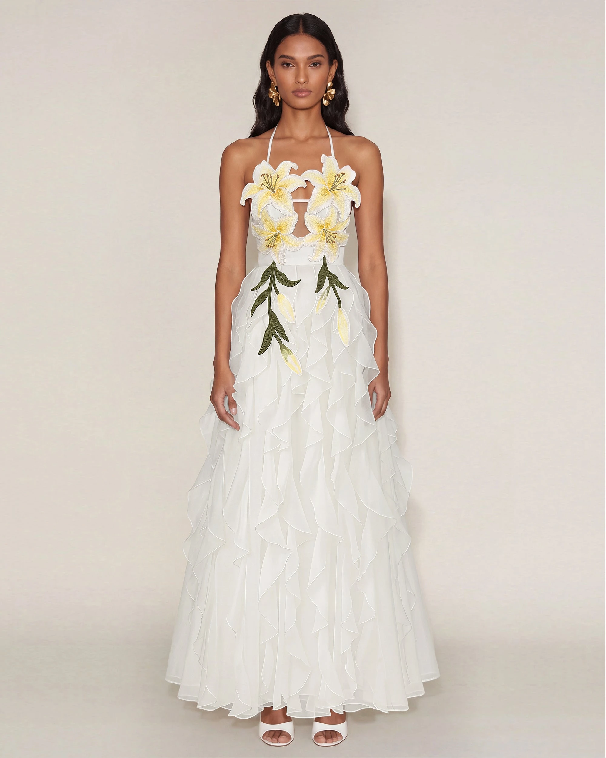 JW PEI maxi dress | Los Angeles Vegan Fashion Dresses | Luxury Shoes JW PEI Lily-Embroidered Embroidered Halter Tiered Maxi Dress