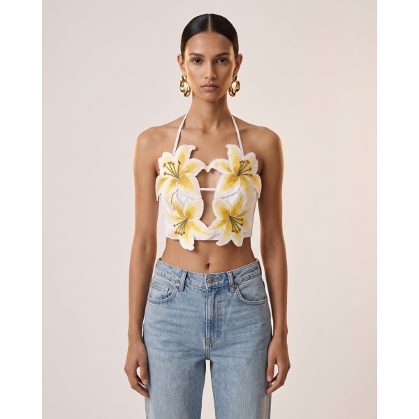 JW PEI Lily Embroidered Halter Crop Top