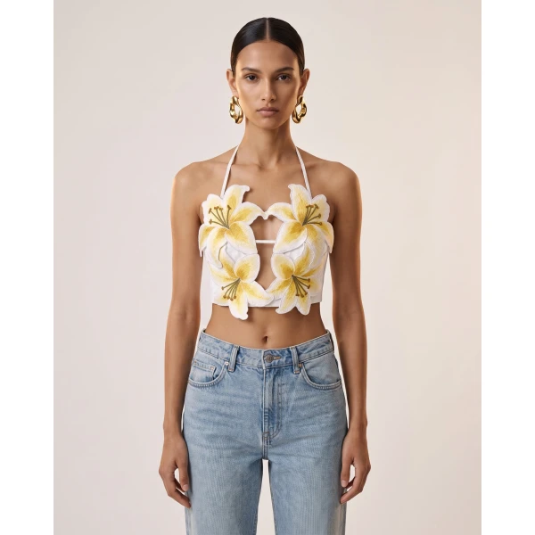 JW PEI Lily Embroidered Halter Crop Top