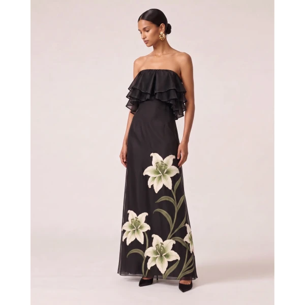 JW PEI Lily Embroidered Layered Ruffle Strapless Maxi Dress