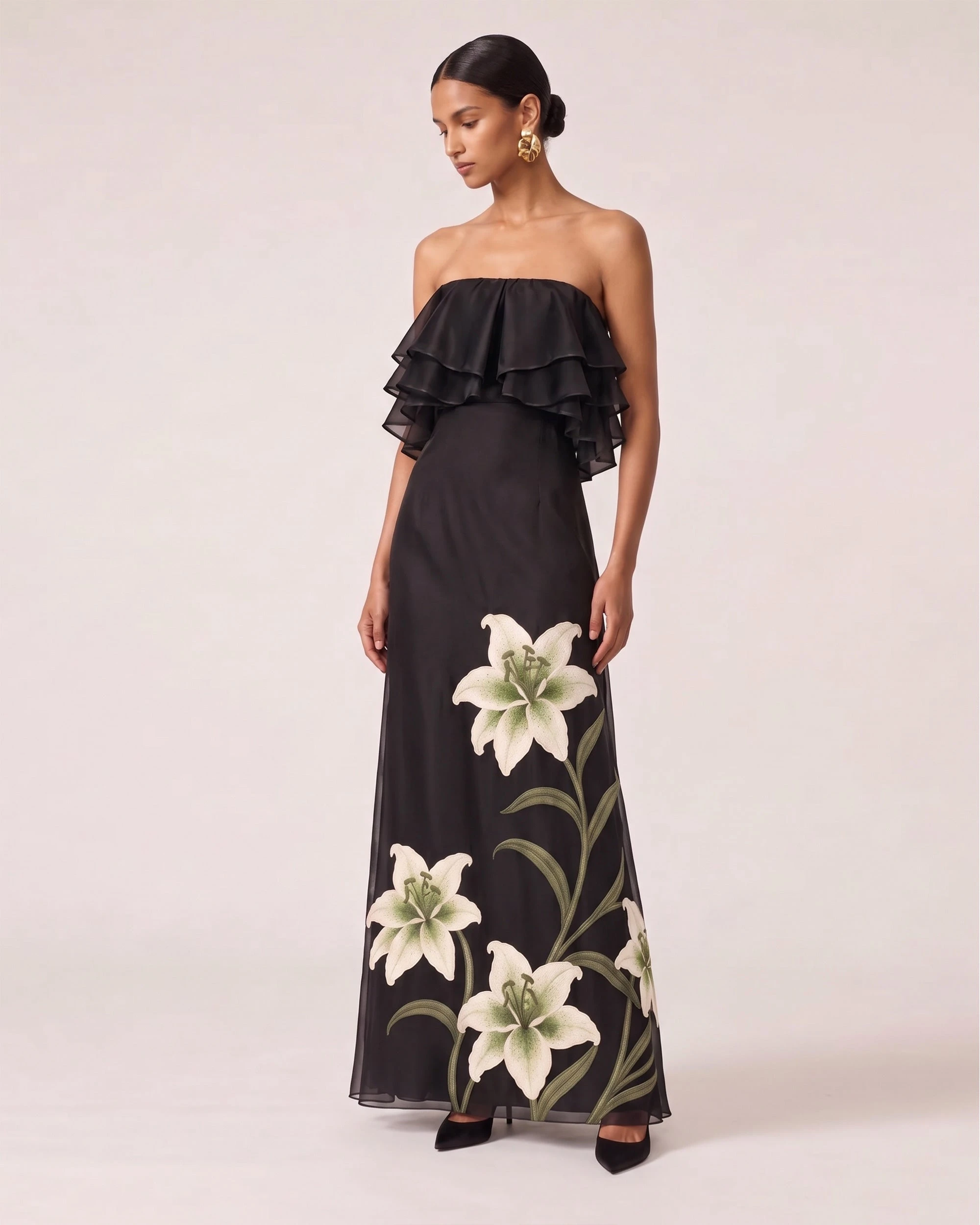 JW PEI maxi dress | Los Angeles Vegan Fashion Dresses | Luxury Shoes JW PEI Lily Embroidered Layered Ruffle Strapless Maxi Dress