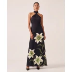 JW PEI Lily Embroidered Ruched Halter Maxi Dress
