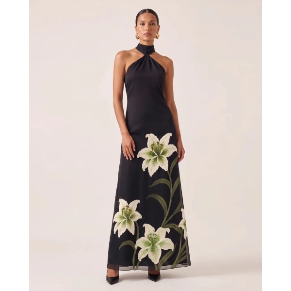 JW PEI Lily Embroidered Ruched Halter Maxi Dress
