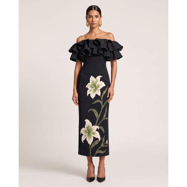 JW PEI Lily Embroidered Ruffled Off-Shoulder Maxi Dress