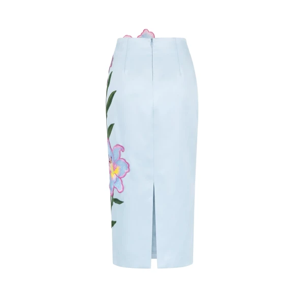 Lily Floral Embroidered High Waist Pencil Midi Skirt in Light Blue