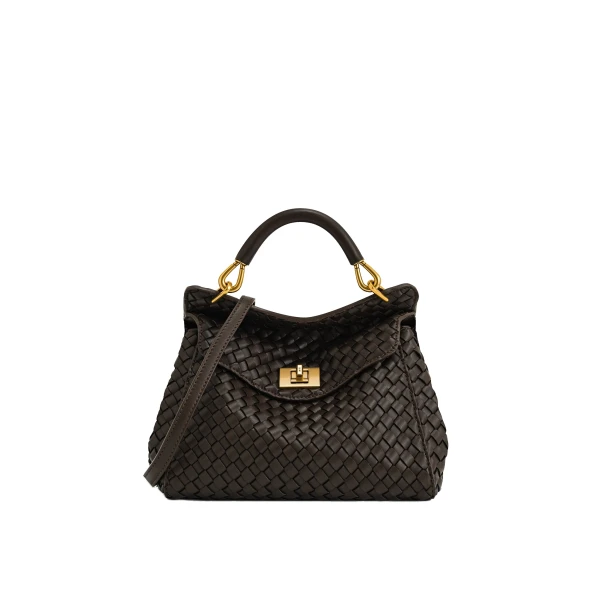 JW PEI Lucia Classic Top Handle Woven Bag in Dark Brown