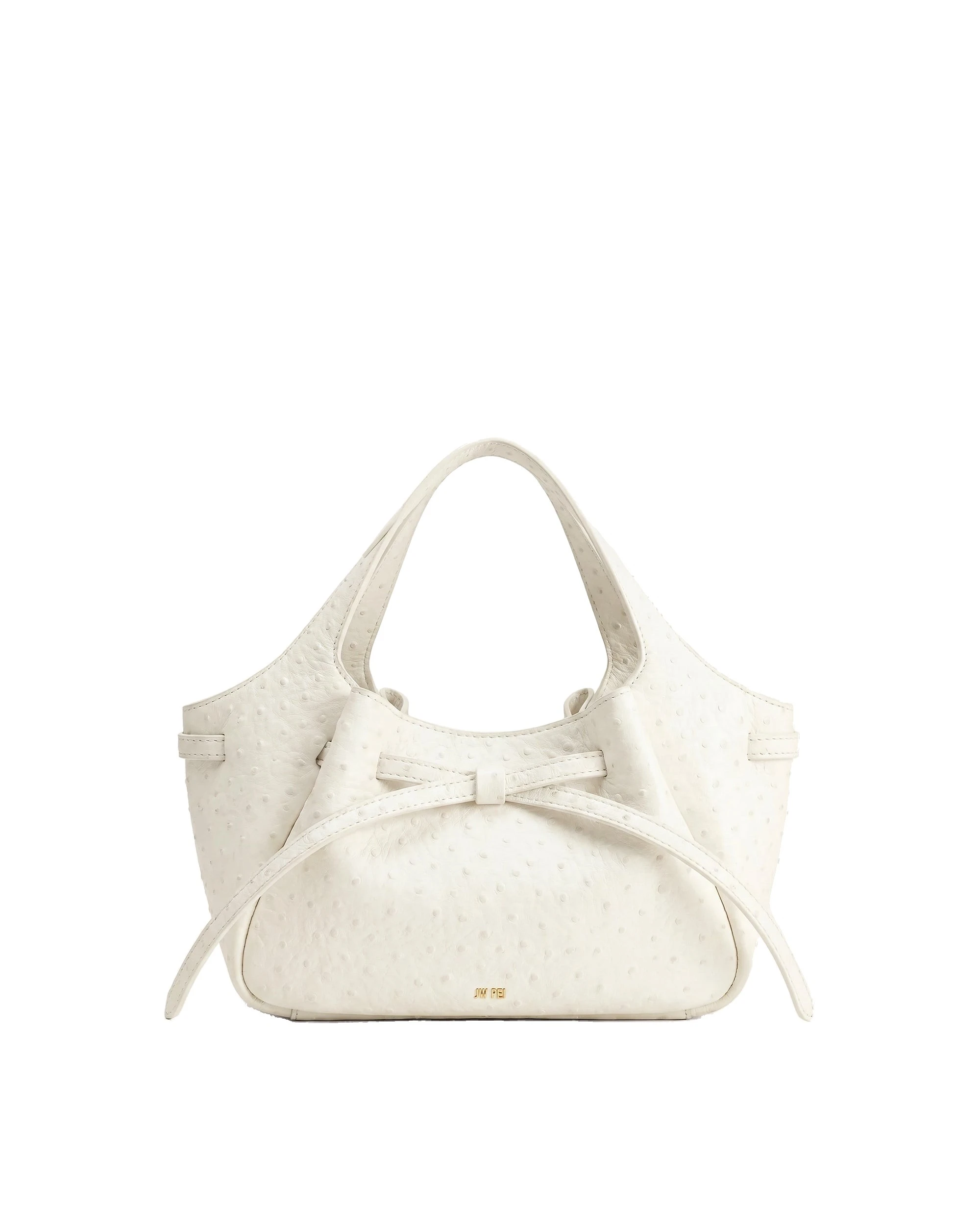 JW PEI Mabel Faux Ostrich Soft Bow Tote Bag in Milky White | Totes & Top-Handle Bags | Luxury Shoes JW PEI Mabel Faux Ostrich Soft Bow Tote Bag in Milky White