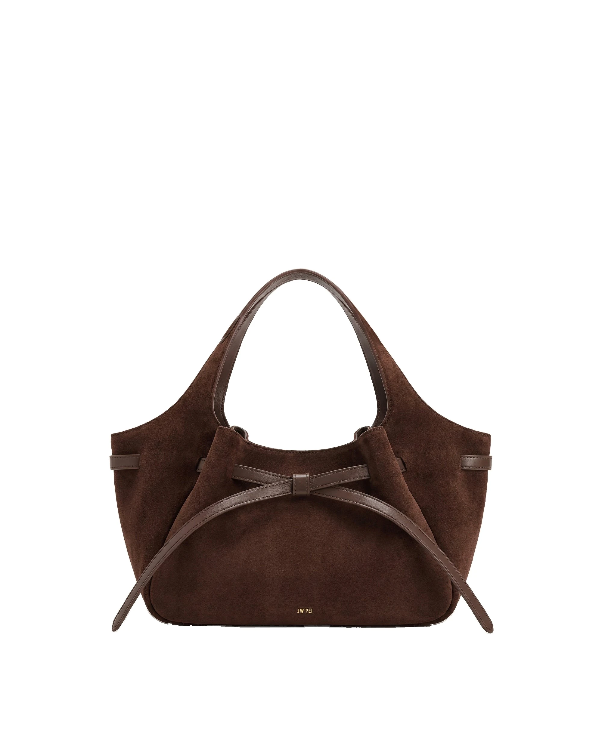 JW PEI Mabel Faux Suede Soft Bow Tote Bag in Amber Brown | Totes & Top-Handle Bags | Luxury Shoes JW PEI Mabel Faux Suede Soft Bow Tote Bag in Amber Brown