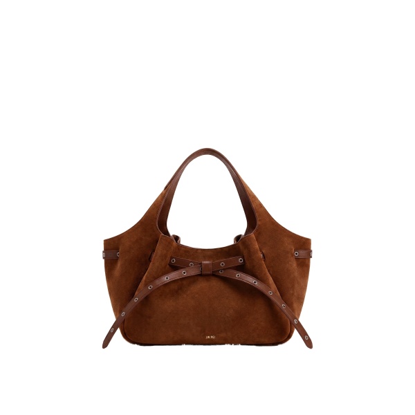 JW PEI Mabel Faux Suede Soft Bow Tote Bag in Dark Reddish Brown