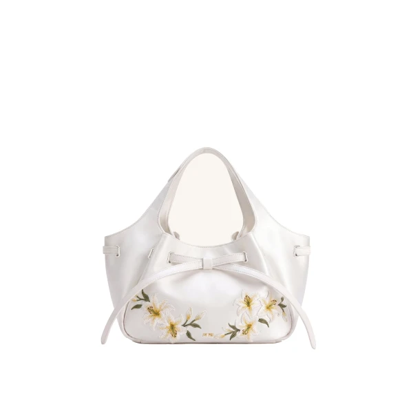 JW PEI Mabel Lily Embroidery Soft Bow Tote Bag in Ivory White