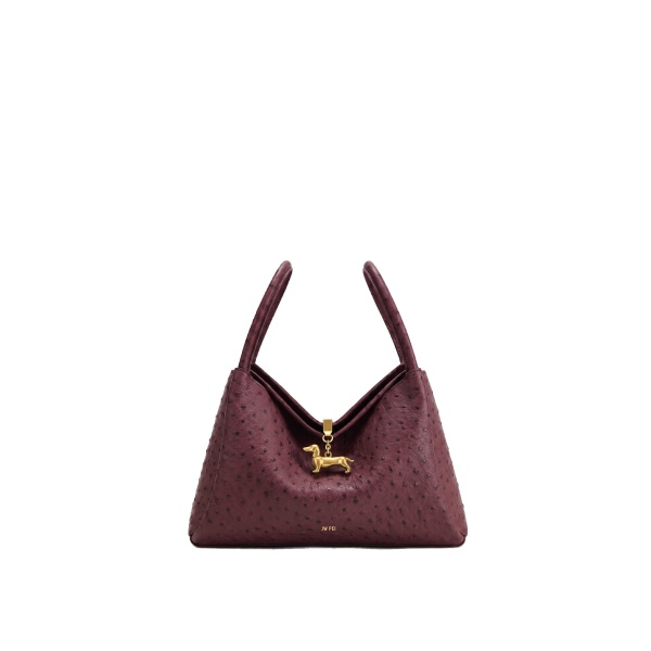 JW PEI Maelle Faux Ostrich Grain Dachshund Charm Double Handle Bag in Berry Red
