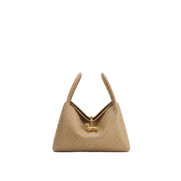 JW PEI Maelle Faux Ostrich Grain Dachshund Charm Double Handle Bag in Brown