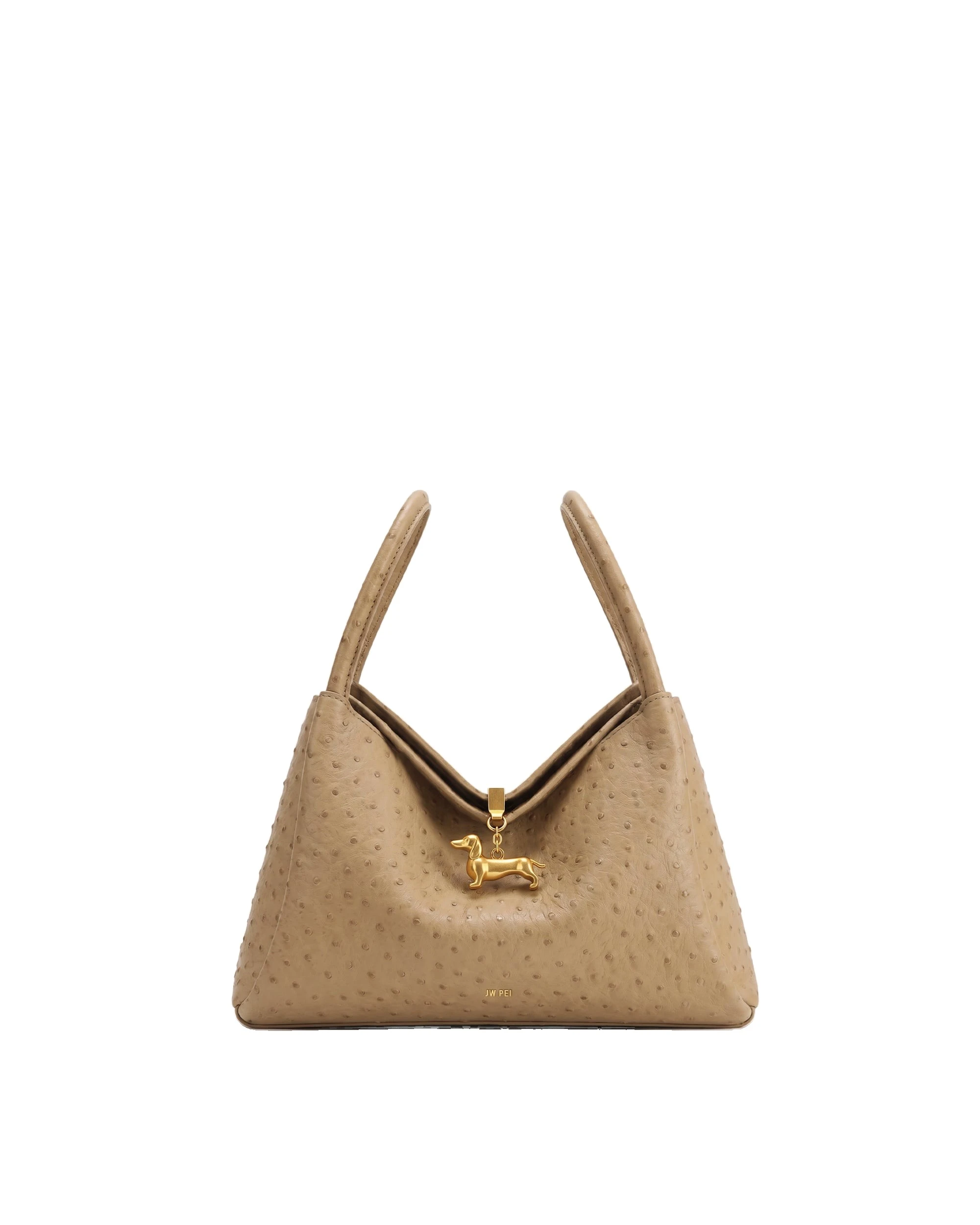 JW PEI Maelle Faux Ostrich Grain Dachshund Charm Double Handle Bag in Brown | Shoulder & Crossbody Bags | Luxury Shoes JW PEI Maelle Faux Ostrich Grain Dachshund Charm Double Handle Bag in Brown