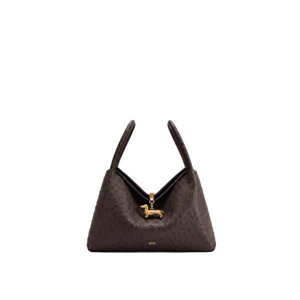 JW PEI Maelle Faux Ostrich Grain Dachshund Charm Double Handle Bag in Dark Brown