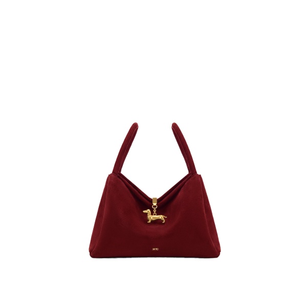 JW PEI Maelle Faux Suede Dachshund Charm Double Handle Bag in Burgundy