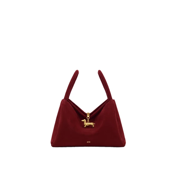 JW PEI Maelle Faux Suede Dachshund Charm Double Handle Bag in Burgundy