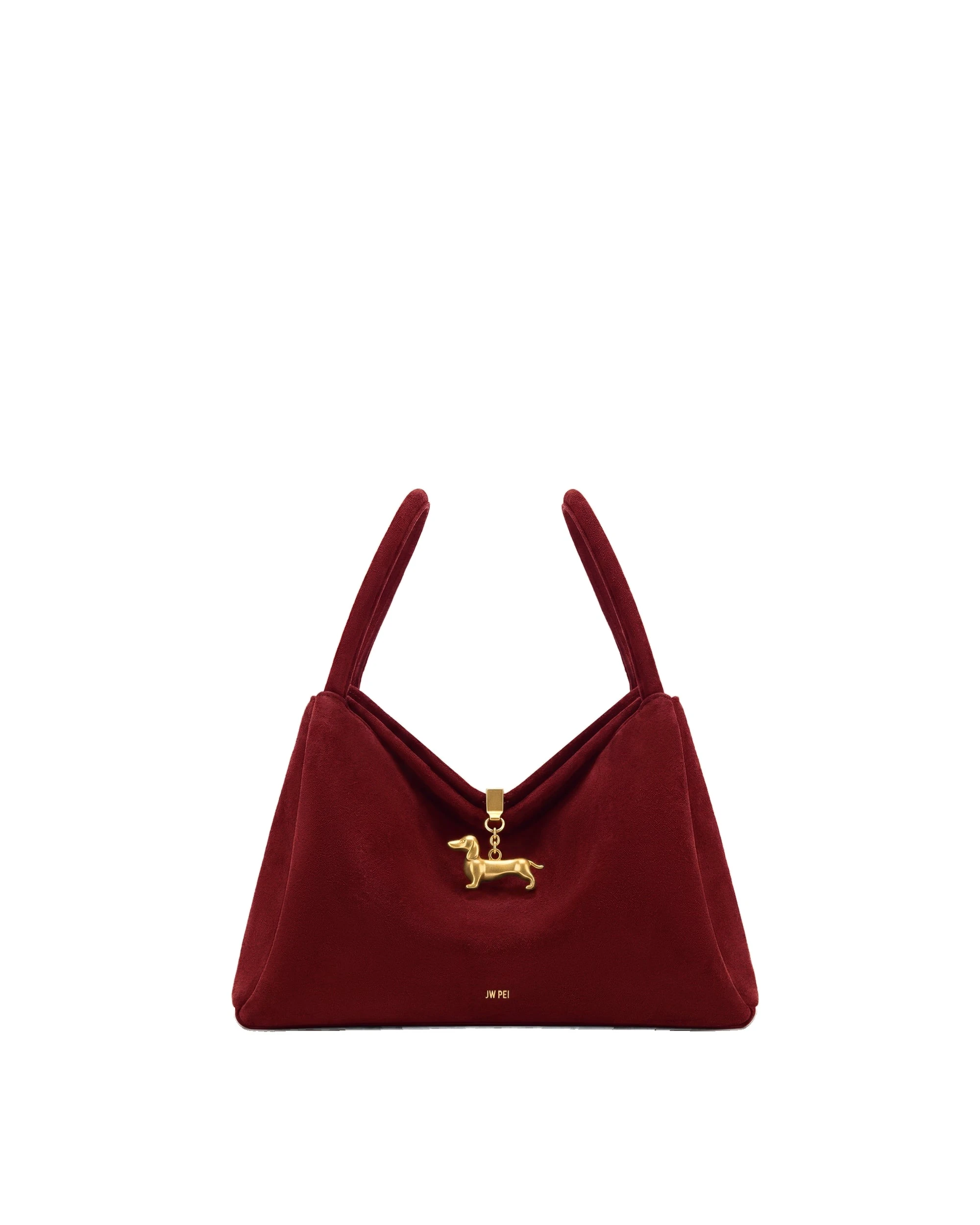 JW PEI Maelle Faux Suede Dachshund Charm Double Handle Bag in Burgundy | Shoulder & Crossbody Bags | Luxury Shoes JW PEI Maelle Faux Suede Dachshund Charm Double Handle Bag in Burgundy