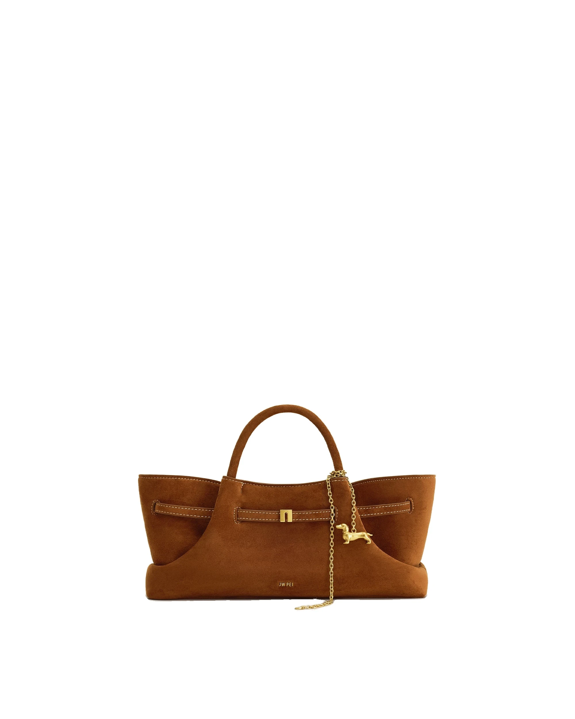 JW PEI Maeve Dachshund Metal Charm Faux Suede Tote Bag in Brown | Totes & Top-Handle Bags | Luxury Shoes JW PEI Maeve Dachshund Metal Charm Faux Suede Tote Bag in Brown