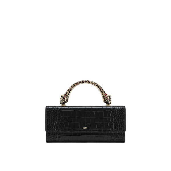JW PEI Maya Leopard-Shaped Hardware Handle Top Handle Bag in Black Croc