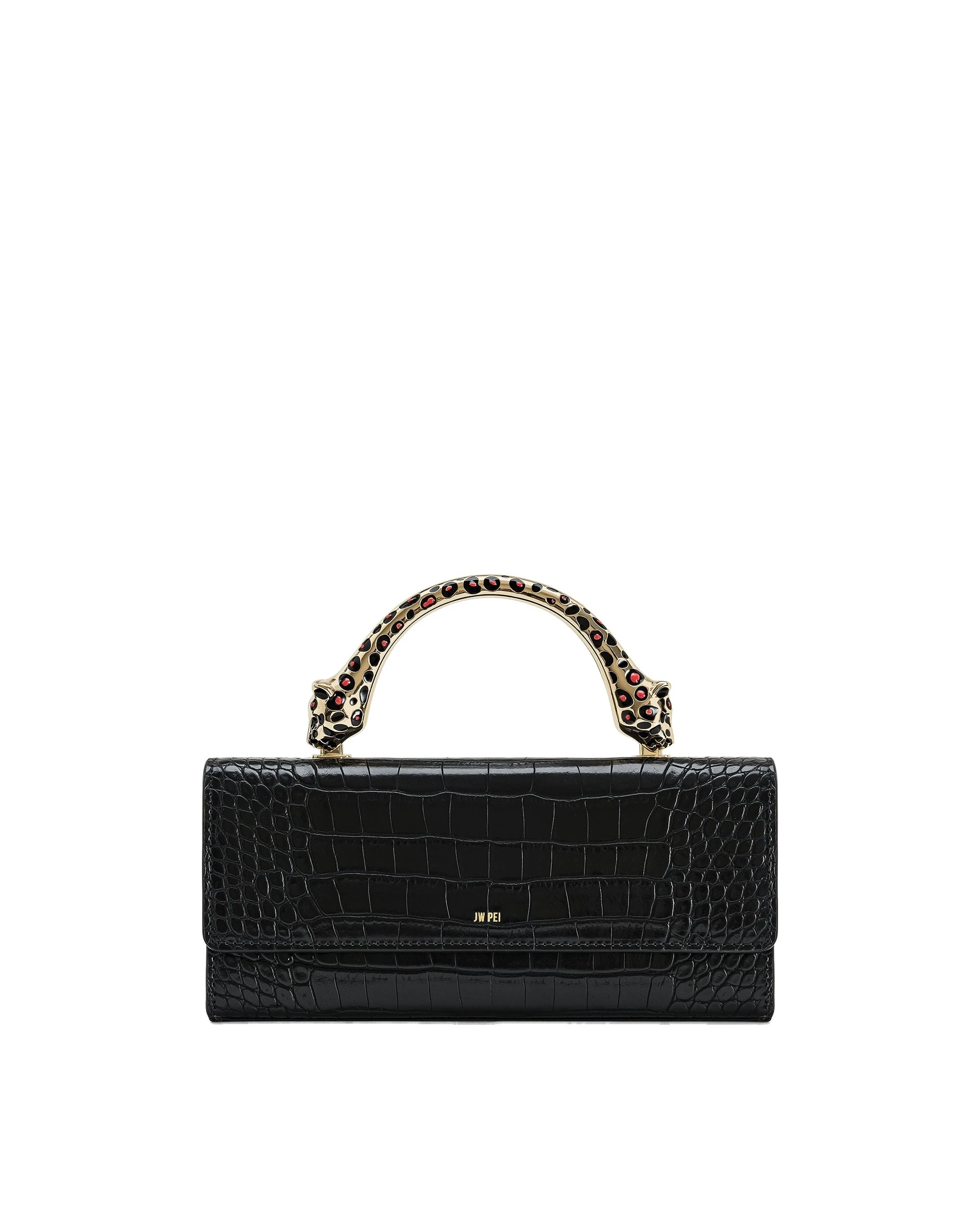 JW PEI Maya Leopard-Shaped Hardware Handle Top Handle Bag in Black Croc | Totes & Top-Handle Bags | Luxury Shoes JW PEI Maya Leopard-Shaped Hardware Handle Top Handle Bag in Black Croc