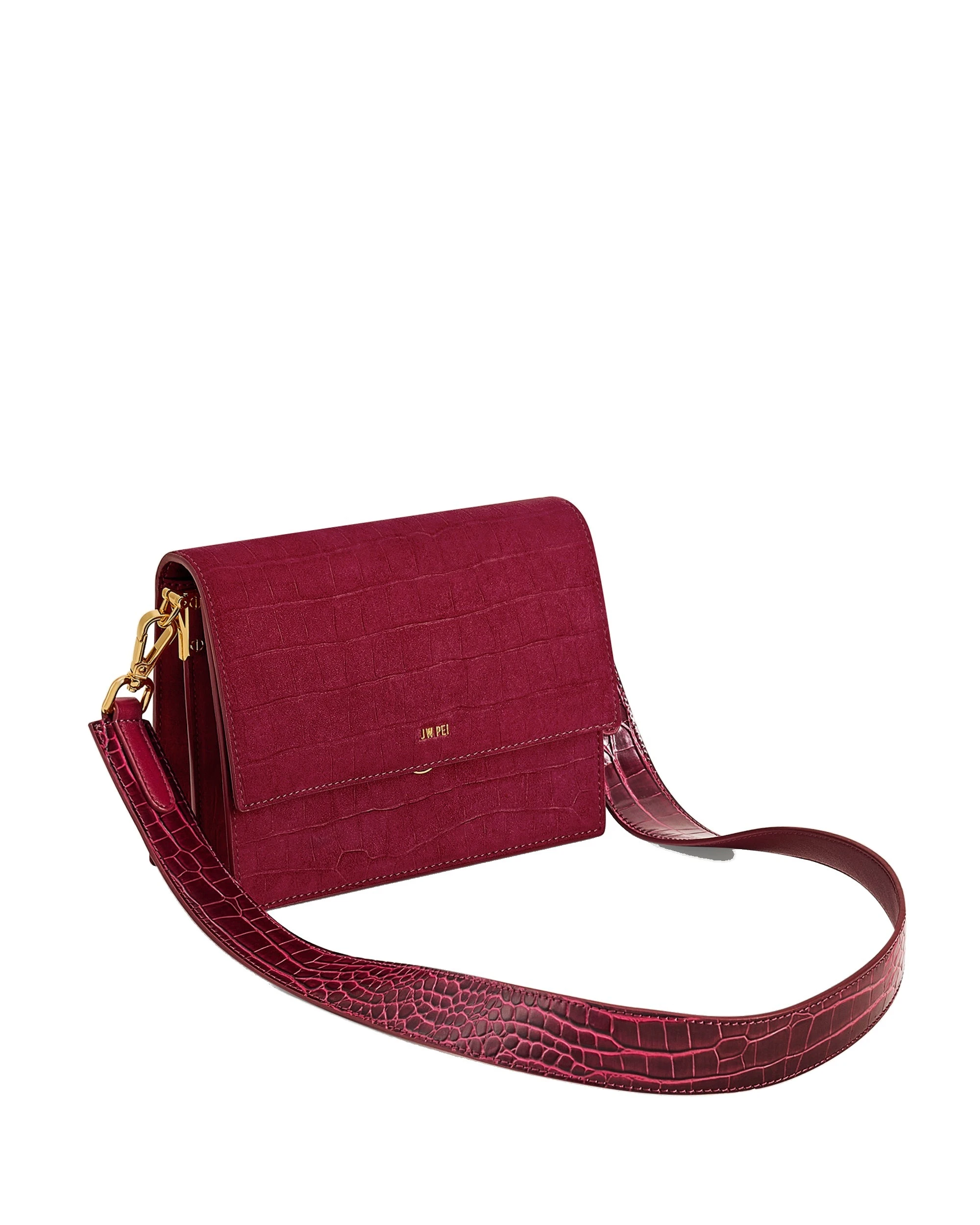 JW PEI Mini Flap Faux Suede Croc Embossed Crossbody in Burgundy | Mini Bags | Luxury Shoes JW PEI Mini Flap Faux Suede Croc Embossed Crossbody in Burgundy