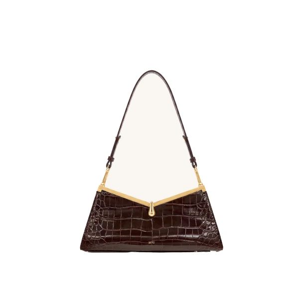 JW PEI Nerina V-Frame Shoulder Bag in Dark Brown Croc