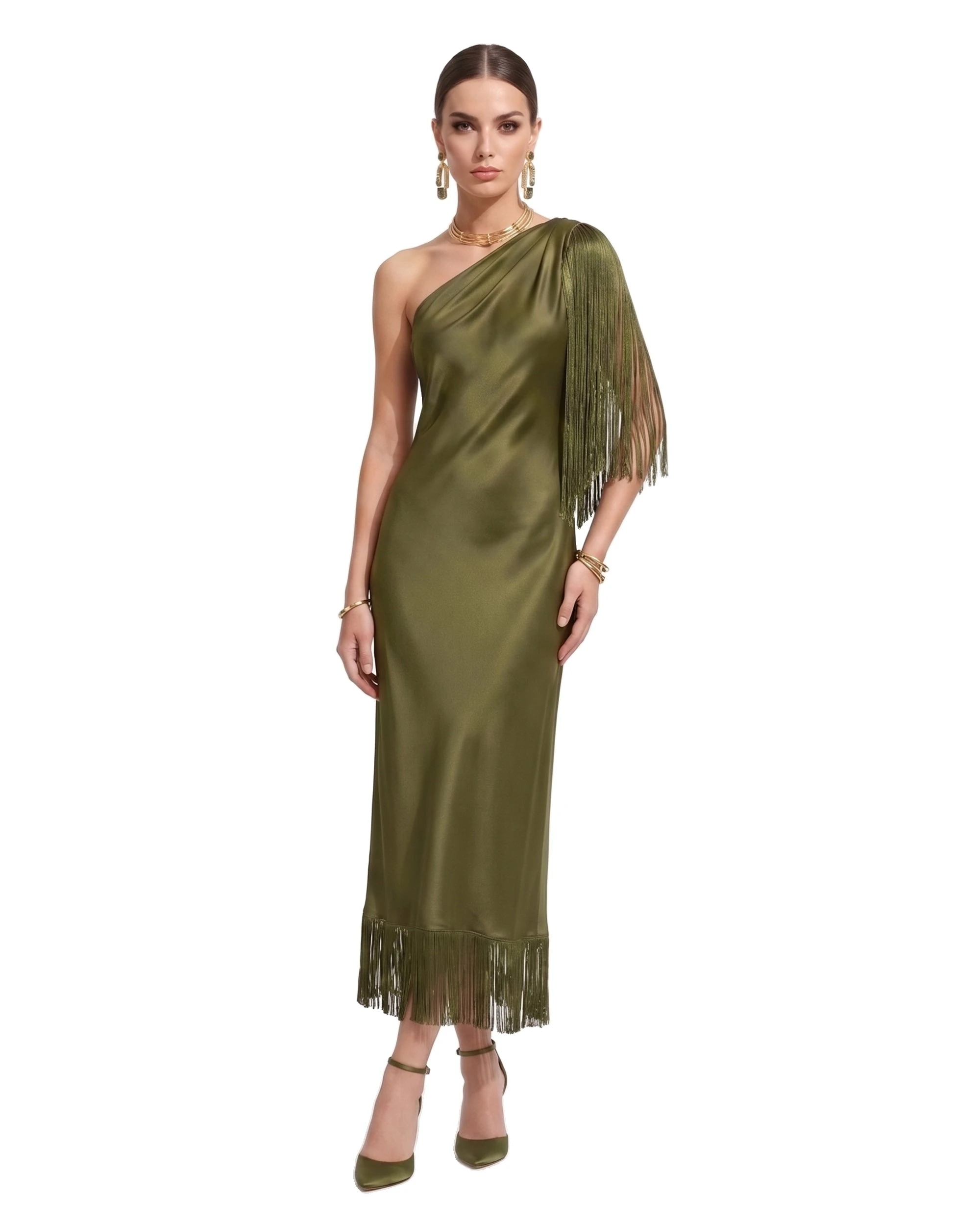 JW PEI midi dress | Los Angeles Vegan Fashion Dresses | Luxury Shoes JW PEI One Shoulder Fringe Midi Dress
