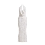 JW PEI Orchid Beaded Embroidered Keyhole Cowl Halter Maxi Dress