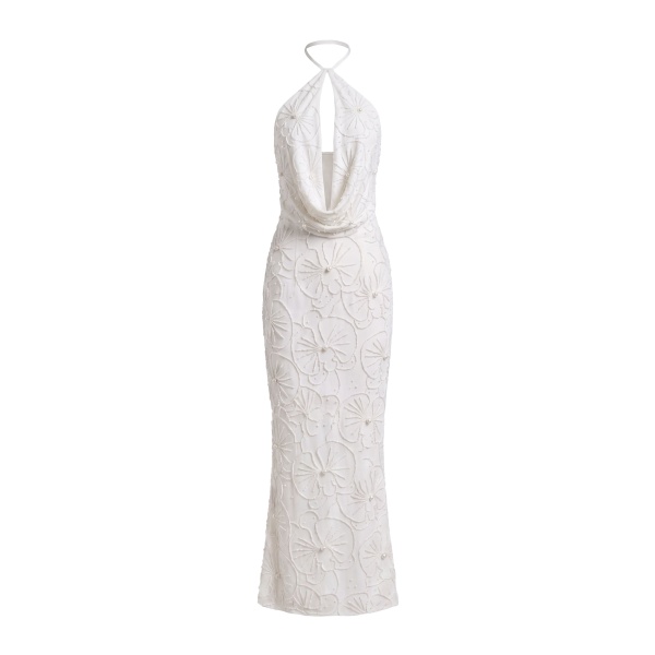 JW PEI Orchid Beaded Embroidered Keyhole Cowl Halter Maxi Dress