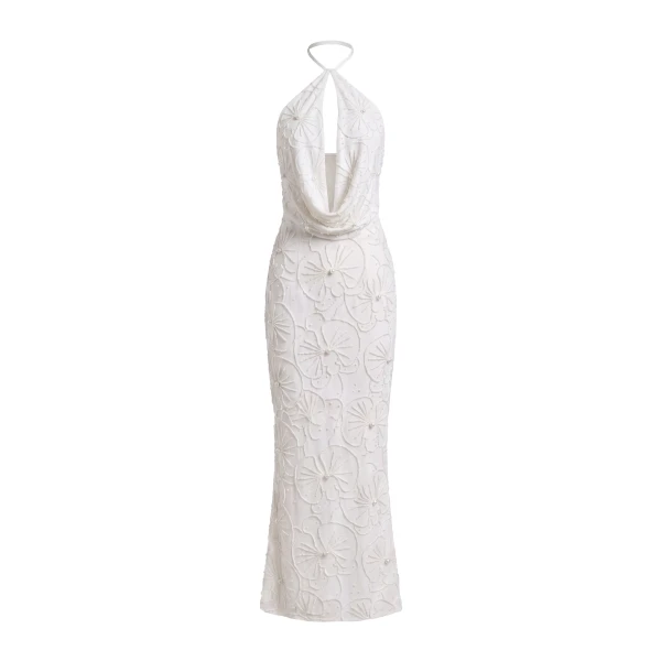 Orchid Beaded Embroidered Keyhole Cowl Halter Maxi Dress in White