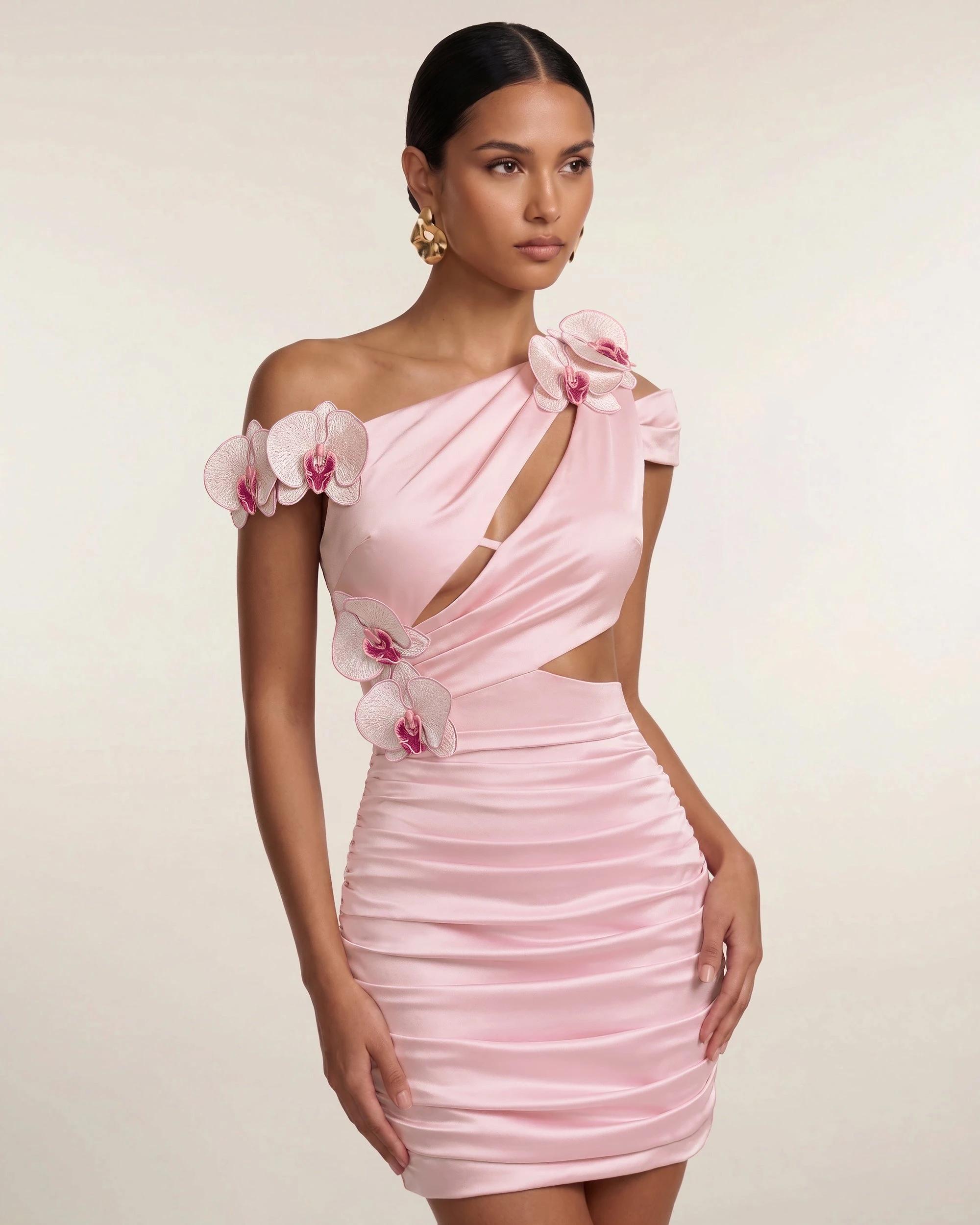 JW PEI mini dress | Los Angeles Vegan Fashion Dresses | Luxury Shoes JW PEI Orchid Embroidered Cutout Ruched Mini Dress