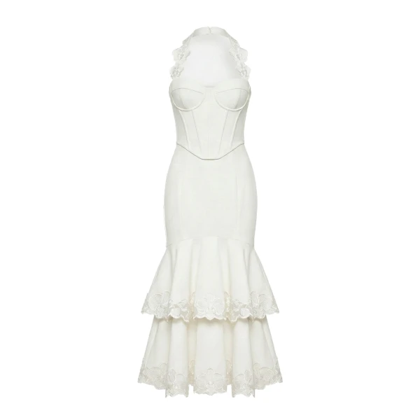 JW PEI Orchid Embroidered Halter Corset Midi Dress
