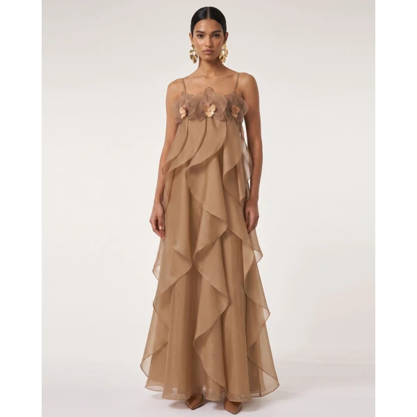 Orchid Embroidered Organza Maxi Dress in Light Brown