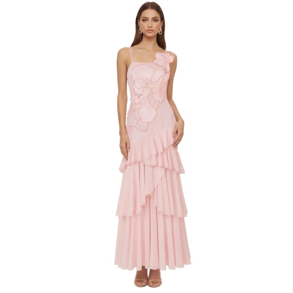 JW PEI Orchid Embroidered Ruffled One-Shoulder Maxi Dress