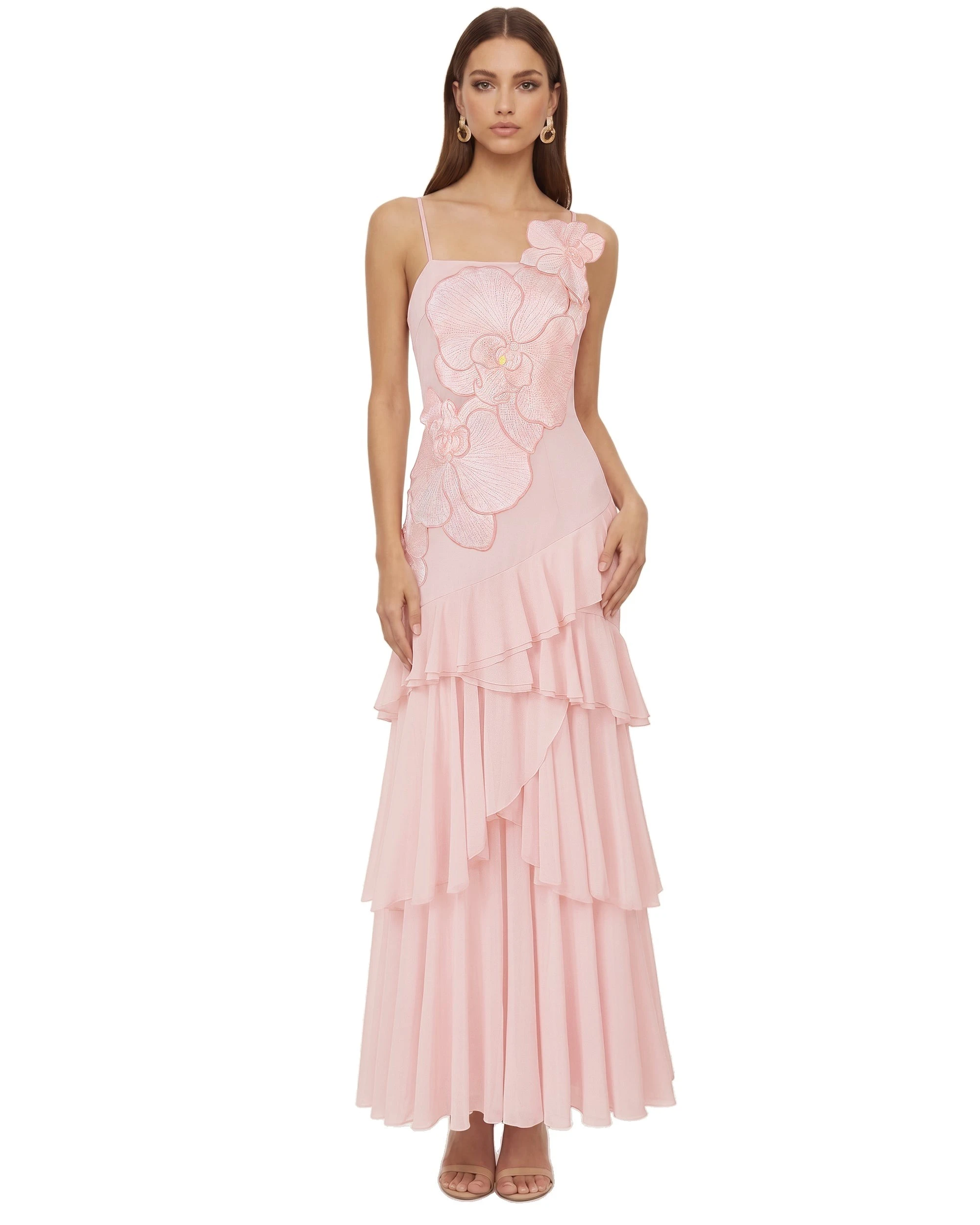 JW PEI maxi dress | Los Angeles Vegan Fashion Dresses | Luxury Shoes JW PEI Orchid Embroidered Ruffled One-Shoulder Maxi Dress