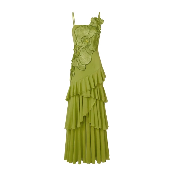 JW PEI Orchid Embroidered Ruffled One-Shoulder Maxi Dress