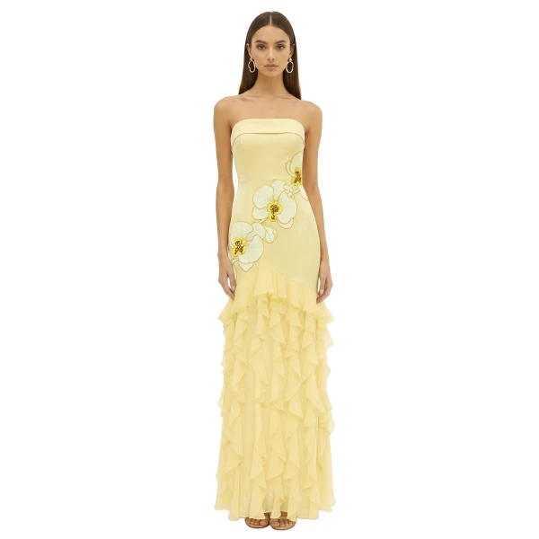 JW PEI Orchid Embroidered Ruffled Strapless Maxi Dress